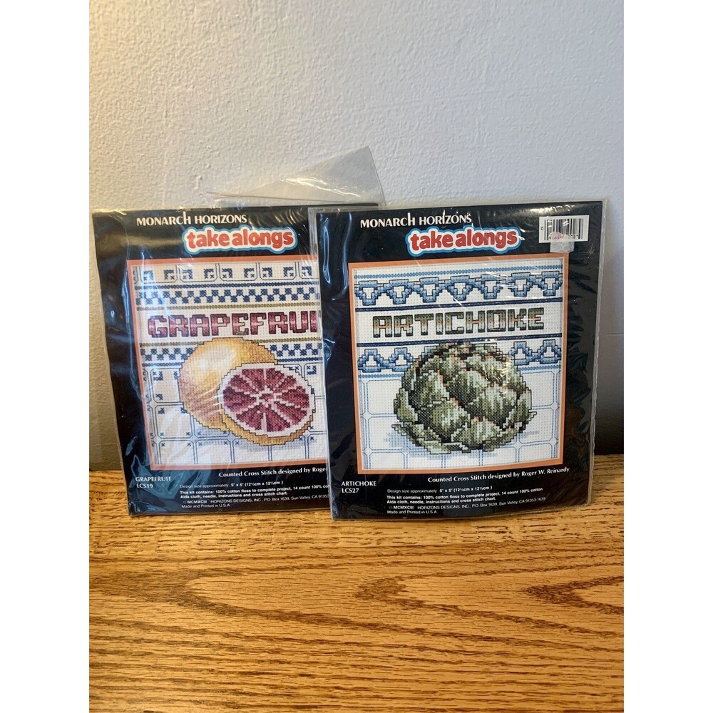 (2) Monarch Horizons Take Alongs CrossStitch Kit Grapefruit Artichoke VTG 90 SET